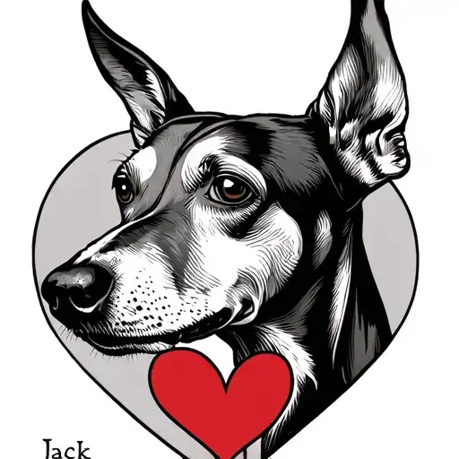 Create a line work tattoo of a greyhounds head inside of a heart. I want the name jack written in the line of the heart  tattoo design idea