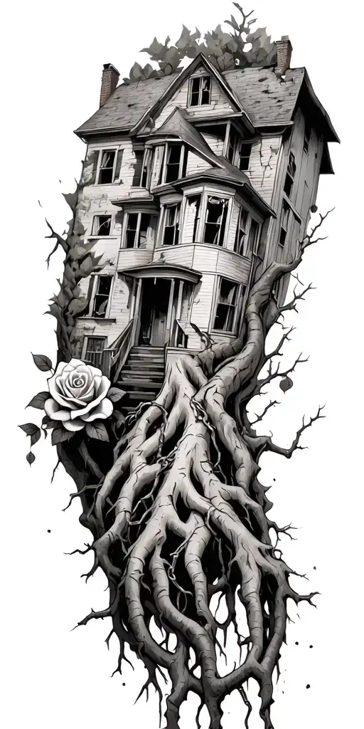 abandoned broken home, tree roots from the chains, roses, thorns, death  tattoo design idea