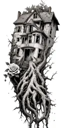 abandoned broken home, tree roots from the chains, roses, thorns, death  tattoo design idea