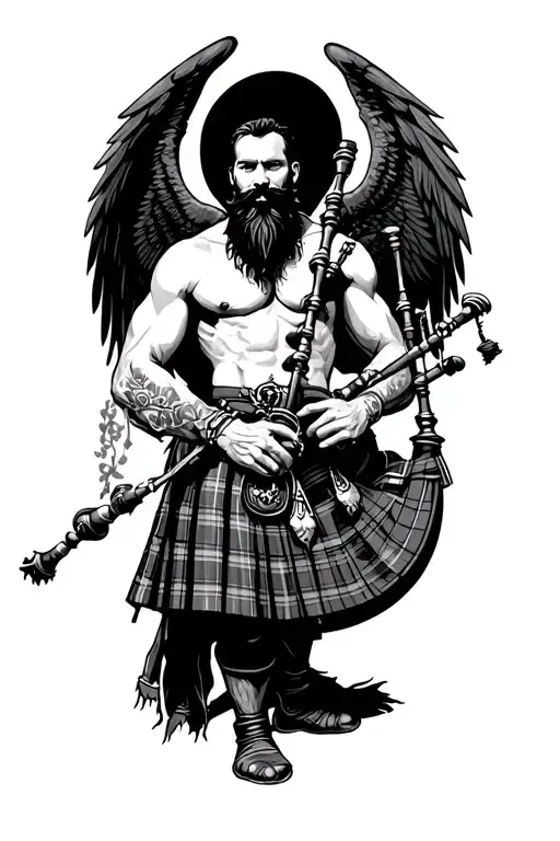 shirtless muscular bagpiper bald black beard playing bagpipes hoge black wings tattoo design idea