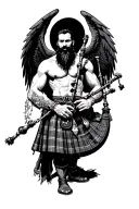 shirtless muscular bagpiper bald black beard playing bagpipes hoge black wings tattoo design idea