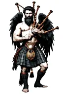 shirtless muscular bagpiper bald black beard playing bagpipes hoge black wings tattoo design idea
