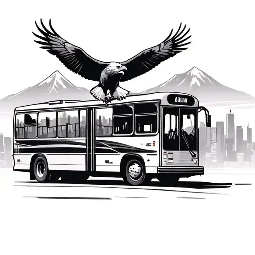 bus driving through the city with mountains in the background  a bald eagle landing on the bus  tattoo design idea