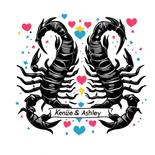 Tattoo Aquarius and Scorpio symbol with the name "Kenzie & Ashley" hearts stars rainbow love tattoo design idea