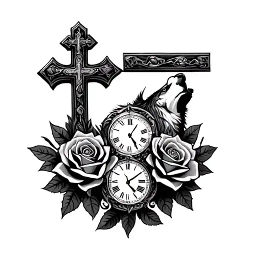 catholic cross, roses, timepiece, wolf howling tattoo design idea