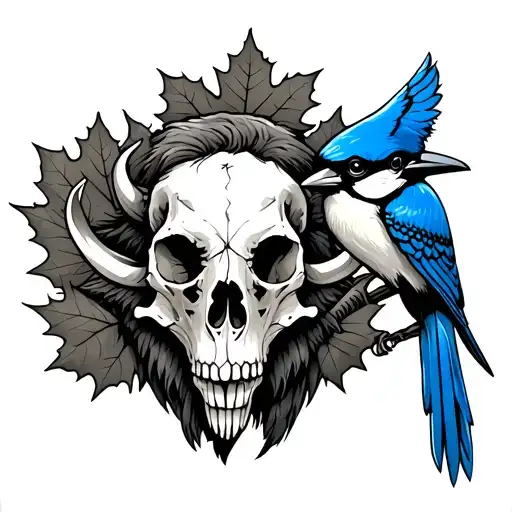 bison skull and blue jay bird with maple leafs tattoo design idea