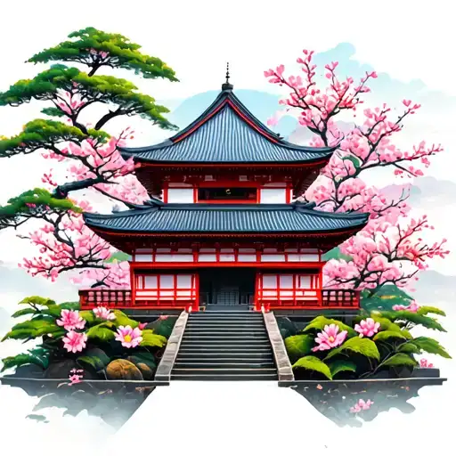 japanese temple surrounded by blooming flowers tattoo design idea