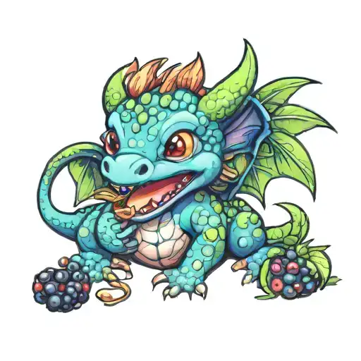 babydragon eating blueberry tattoo design idea