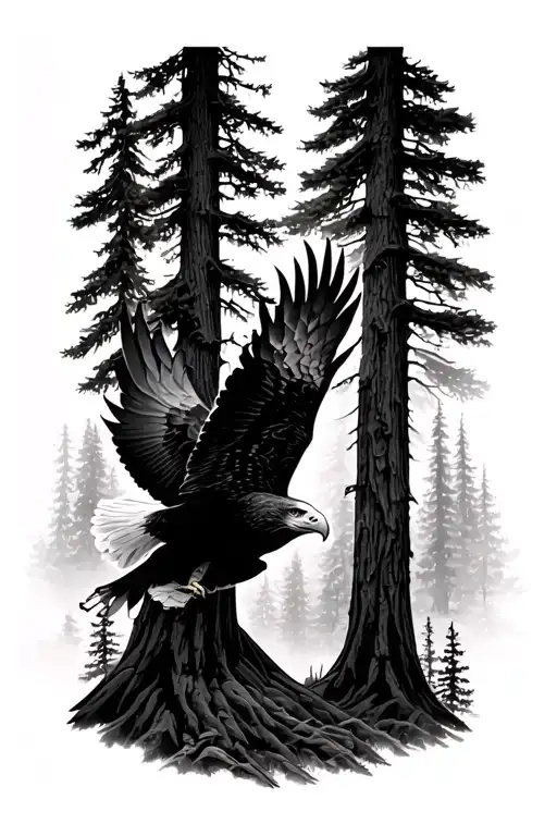 eagle flying over redwood trees tattoo design idea