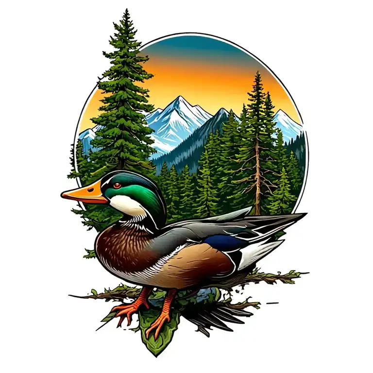mountains, trees, greenhead mallards tattoo design idea