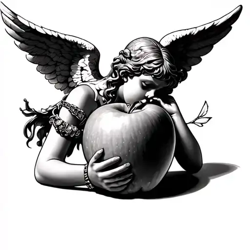 angel biting an apple representing sin wearing jewelry, watches... tattoo design idea