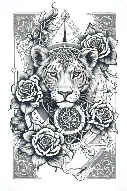 deck of cards, lion cub, and a compass rose intertwined tattoo design idea