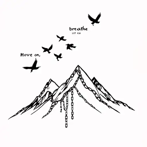 "Let go, Breathe, Move on" birds fly over a mountain peak and drop torn chains tattoo design idea