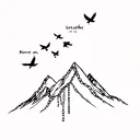 "Let go, Breathe, Move on" birds fly over a mountain peak and drop torn chains tattoo design idea