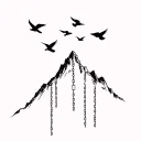"Let go, Breathe, Move on" birds fly over a mountain peak and drop torn chains tattoo design idea