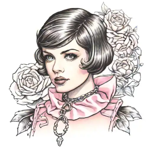 Sissy Slave Pink Leather Collar-with-chain-leash Pixie-cut Brown Hair Blue Eyes medium Chest tattoo design idea