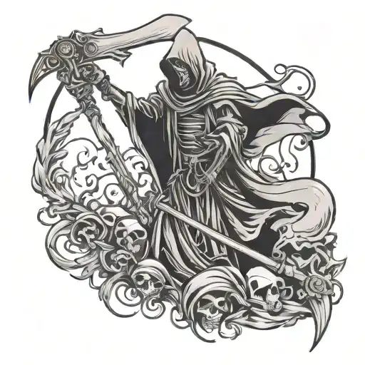 dead bloody girl and grim reaper holding a scythe full body tattoo design idea