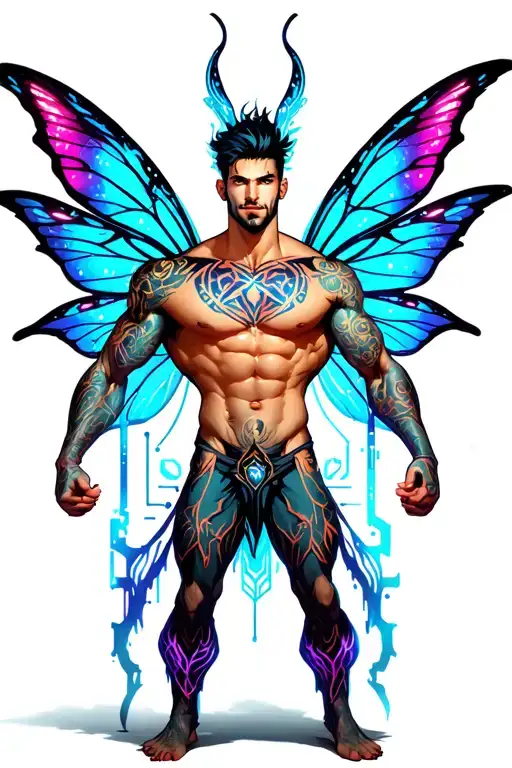 sexy adult gay male faery cartoon bodybuilder, playful, magical, nudism, erotica tattoo design idea