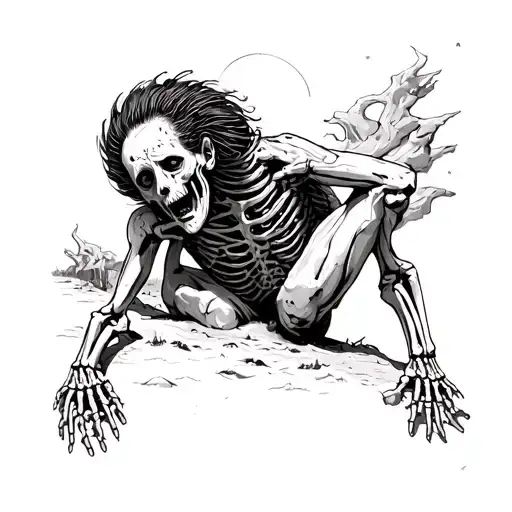 man contorted his body into a human totem pole, all bones broken, surreal, inspired by junji ito uzumaki, in the desert tattoo design idea