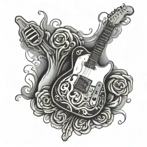 telecaster style guitar and old style microphone surrounded by musical tattoo design idea