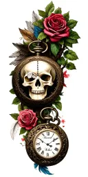 "Liz, Maxwell, Gabriel, Amber" tree with names in an elegant, skull, pocket watch, rose, feather, angel tattoo design idea
