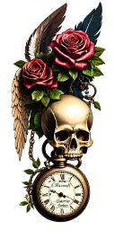 "Liz, Maxwell, Gabriel, Amber" tree with names in an elegant, skull, pocket watch, rose, feather, angel tattoo design idea