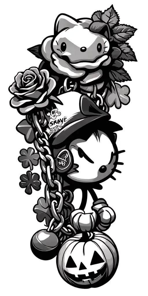 Chain with charms as, Sonicthe hedgehog, Hello Kitty, Roses, Jack o Lantern, 4 leaf clover, basketball tattoo design idea