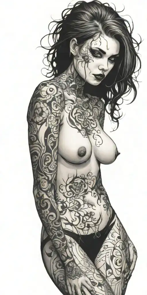 darkly alluring full nude goth girl rocking out tattoo design idea