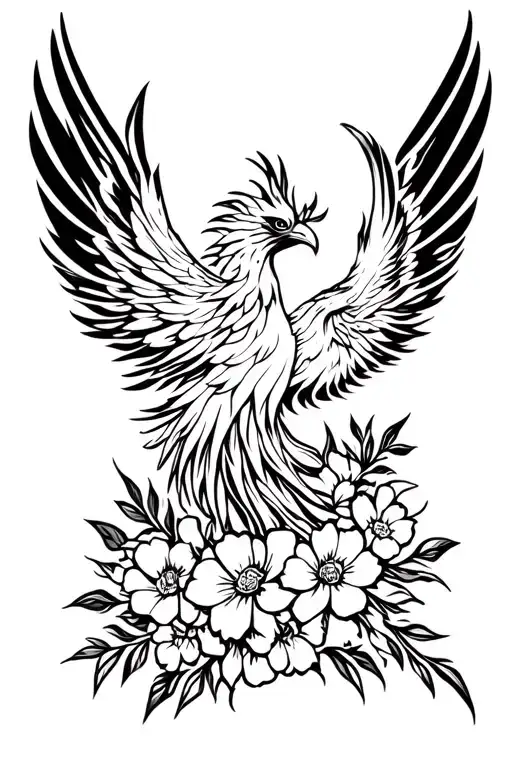 phoenix with flowers and abstract lines tattoo design idea