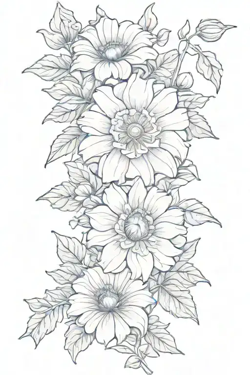 aster and morning glory bouquet fine line tattoo design idea