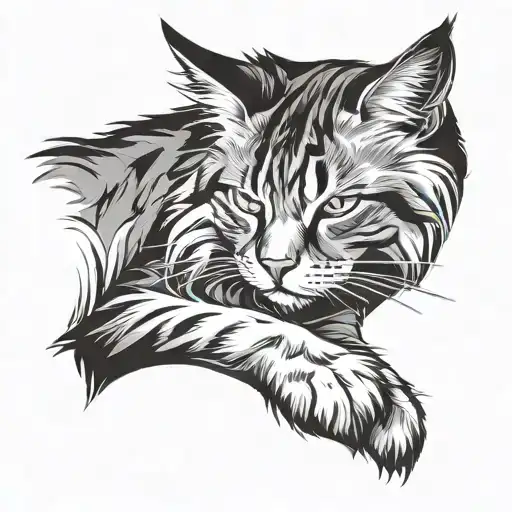 maine coon cat asleep with tail tattoo design idea