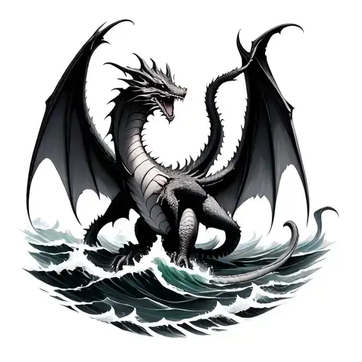 > “Realistic modern tattoo design of a calm yet powerful dragon with large wings emerging from ocean waves and surround tattoo design idea