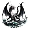 > “Realistic modern tattoo design of a calm yet powerful dragon with large wings emerging from ocean waves and surround tattoo design idea