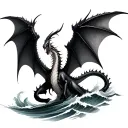 > “Realistic modern tattoo design of a calm yet powerful dragon with large wings emerging from ocean waves and surround tattoo design idea