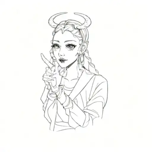 A devil girl in a headscarf with a long braid and a halo behind her head with pointed ears raises two fingers up holding tattoo design idea