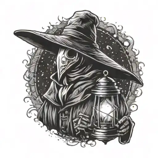 plague doctor character with lantern shining light tattoo design idea