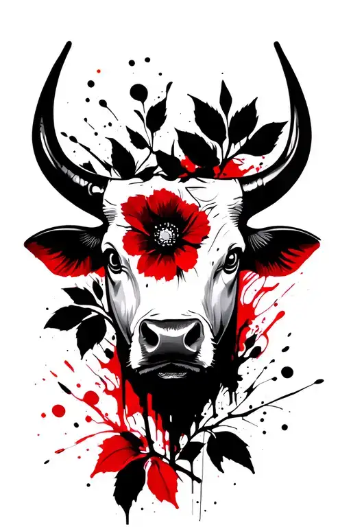 Bull head, black flowers and leaves tattoo design idea
