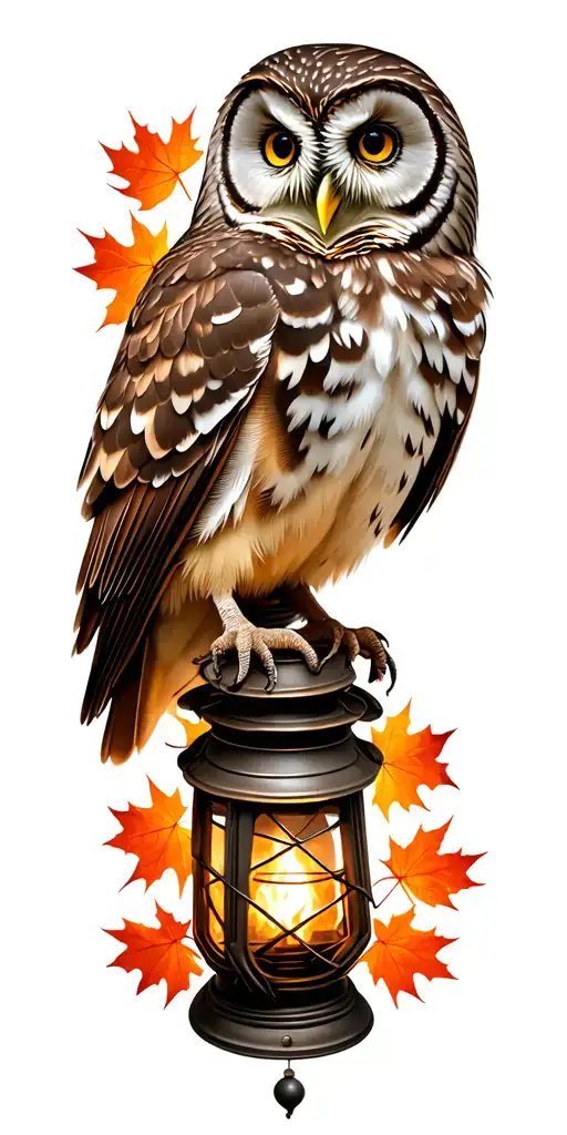 barred owl surrounded by maple leaves sitting on burning lantern tattoo design idea