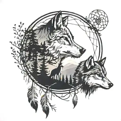 Round rope dream catcher with realistic wolf howling, silhouette of trees mountains and three small wolf cub silhouette. tattoo design idea