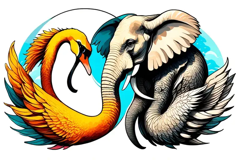 swan and elephant where the swans neck and elephant trunk almost intersect to form an abstract yin yang tattoo design idea