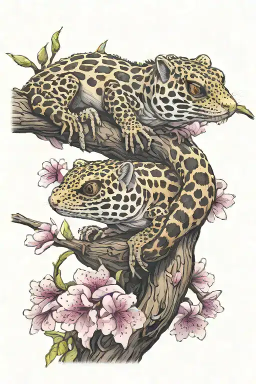 two leopard geckos on a branch with cherry blossoms at each end tattoo design idea