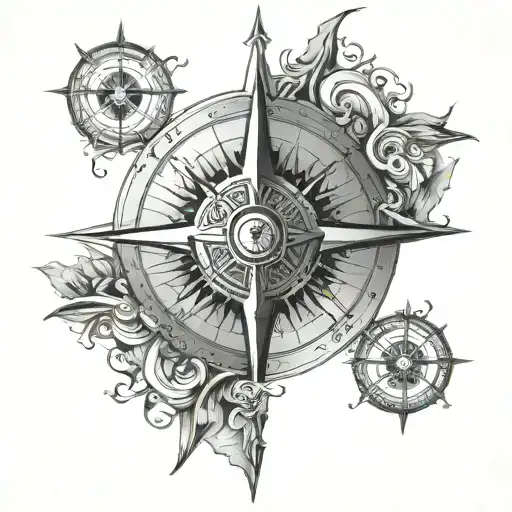 Norse compass surrounded with cybersigilism water tattoo design idea