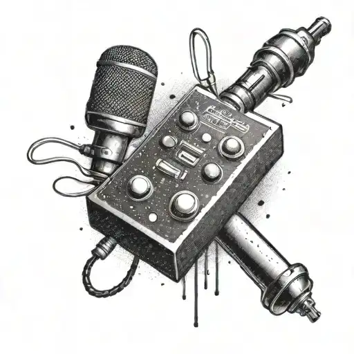 A dotwork tattoo of a gaming controller morphing into a microphone, symbolizing the client's passion for both gaming and singing. tattoo design idea