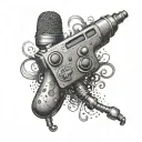 A dotwork tattoo of a gaming controller morphing into a microphone, symbolizing the client's passion for both gaming and singing. tattoo design idea