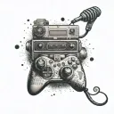 A dotwork tattoo of a gaming controller morphing into a microphone, symbolizing the client's passion for both gaming and singing. tattoo design idea