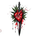 a dagger pierces the heart,everything entangled with barbed wire,marijuana leaves in the background tattoo design idea