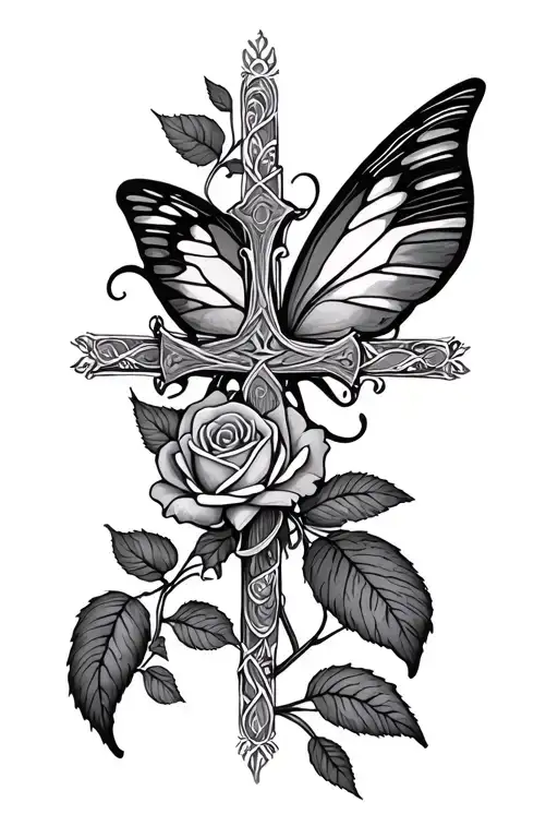 Butterfly Cross rose intertwined tattoo design idea