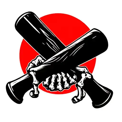 skeleton hands holding two crossed wooden baseball bats tattoo design idea