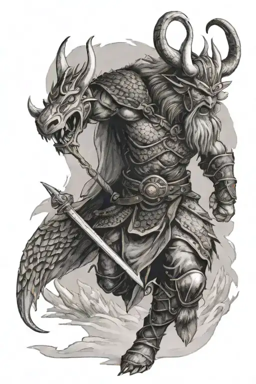 A Viking warrior battling a dragon in a winter landscape tattoo design idea