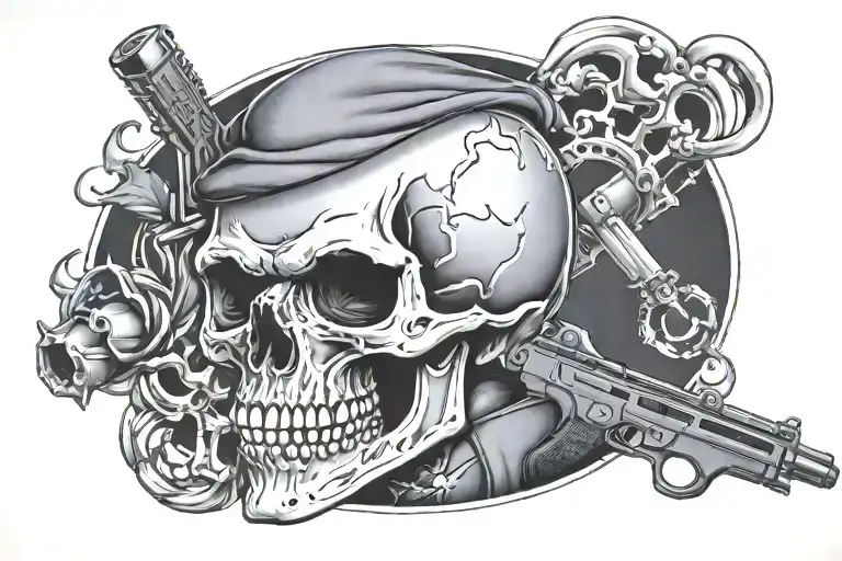 skull wearing  mafia suit with a glock in  his hand tattoo tattoo design idea